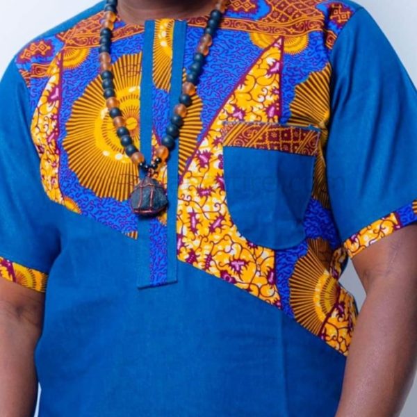 African Dashiki for Men Made in Denim & Wax Fabric