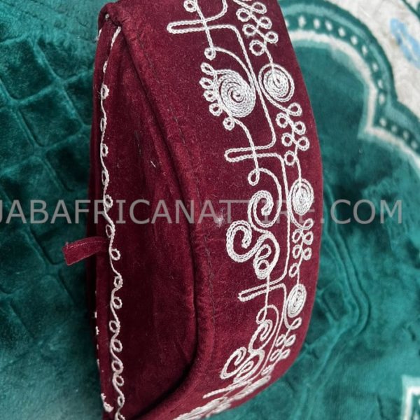 African Traditional Embroidered Burgundy Color Kufi Prayer Cap for Men